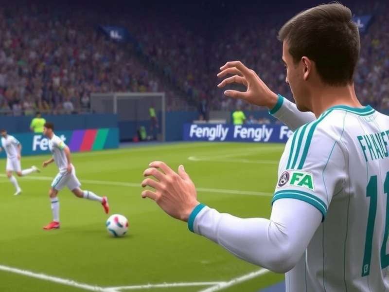 FIFA gameplay action shot showing a player executing a skill move in a crowded stadium